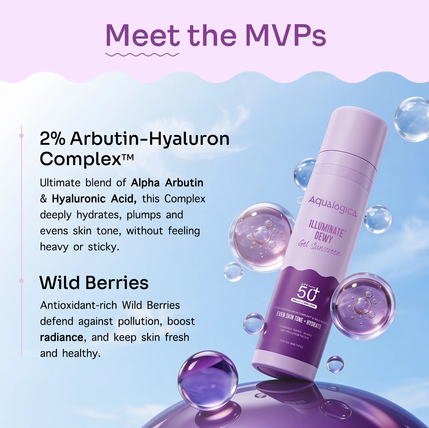Illuminate+ Dewy Gel Sunscreen SPF 50+ PA++++  with 2% Arbutin-Hyaluron Complex™ & Wild Berries - 50g - Image 4